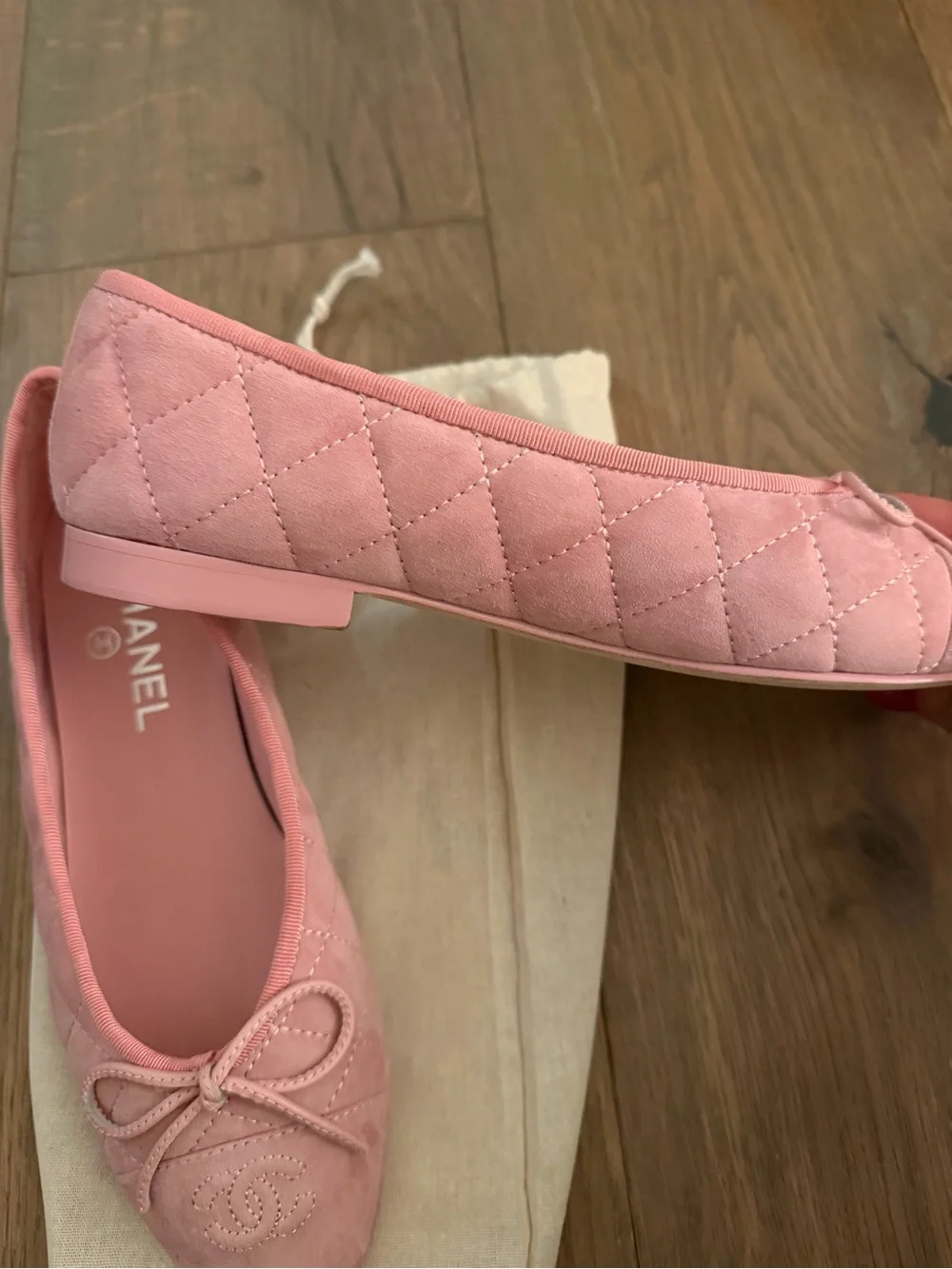 CHANEL Pink Suede Quilted Ballet Flats with Bow